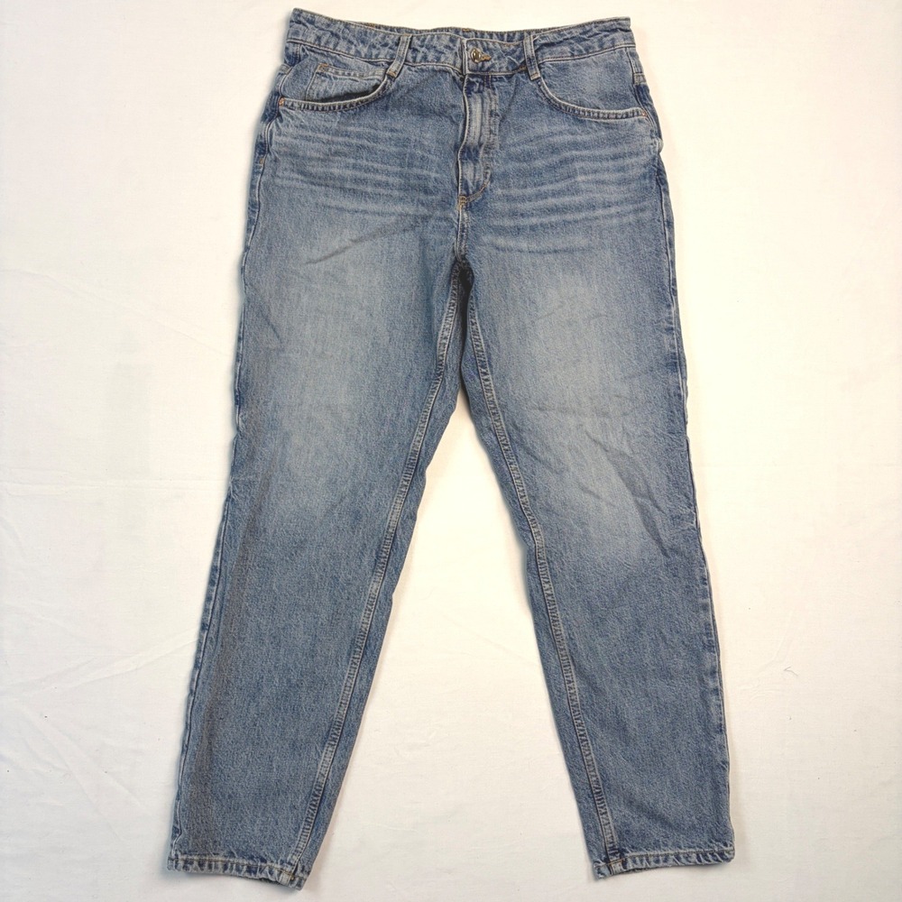Zara High Waisted Mom Jeans Medium Wash Blue Tapered Leg Size 10